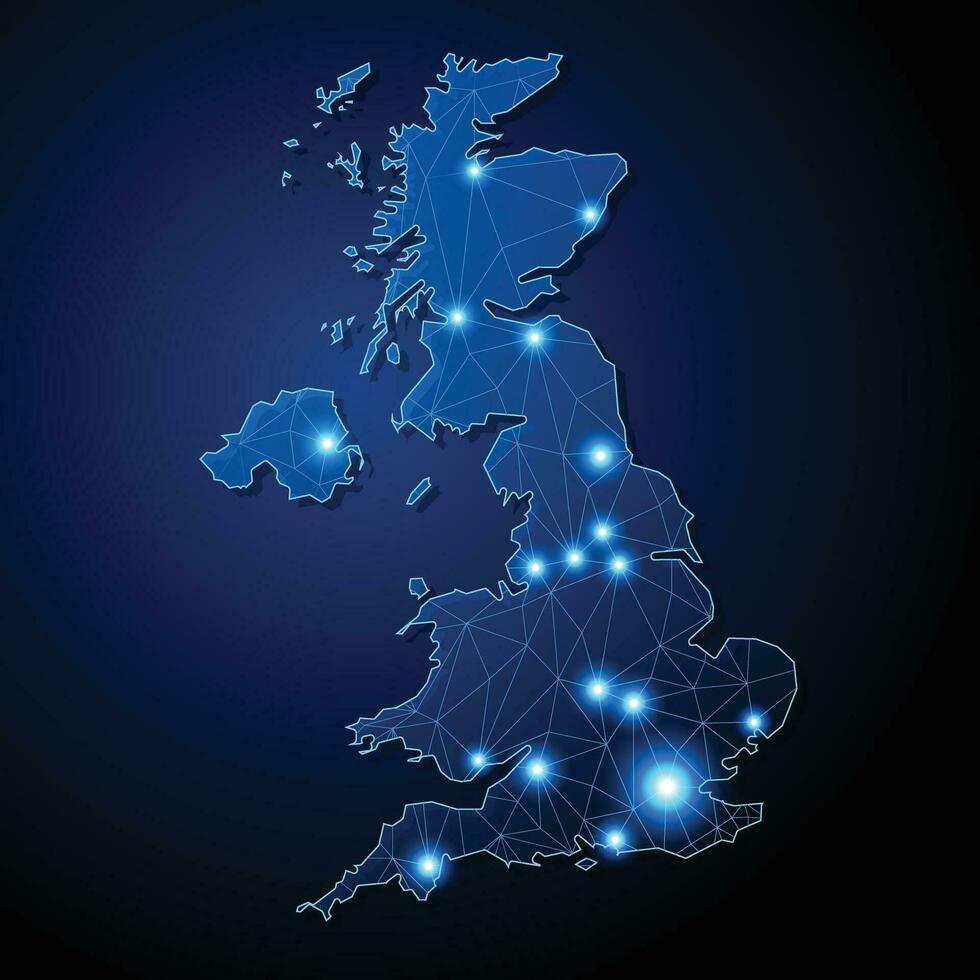 Verenigde koninkrijk, uk - land vorm met lijnen Verbinden majoor steden vector