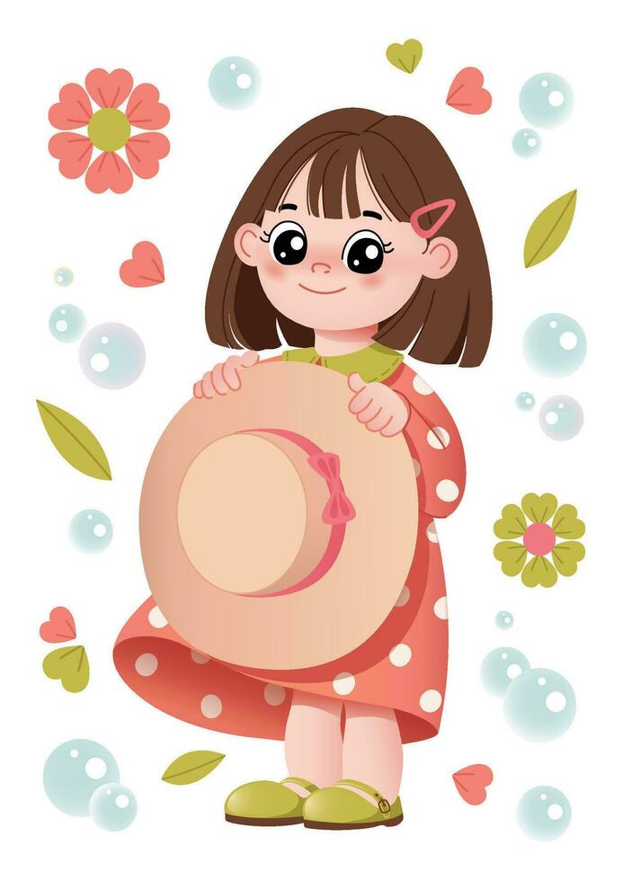 schattig glimlachen kawaii weinig meisje Holding een hoed in haar handen. reeks met een gelukkig meisje, bloemen elementen, en bubbels. mooi meisje tekenfilm kinderen karakter. vector illustratie eps.