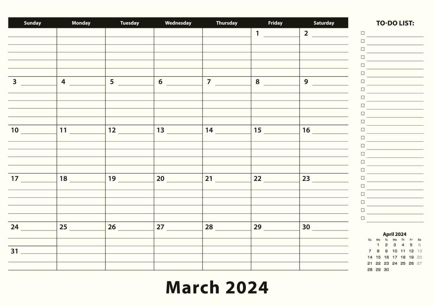 maart 2024 maandelijks bedrijf bureau stootkussen kalender. vector