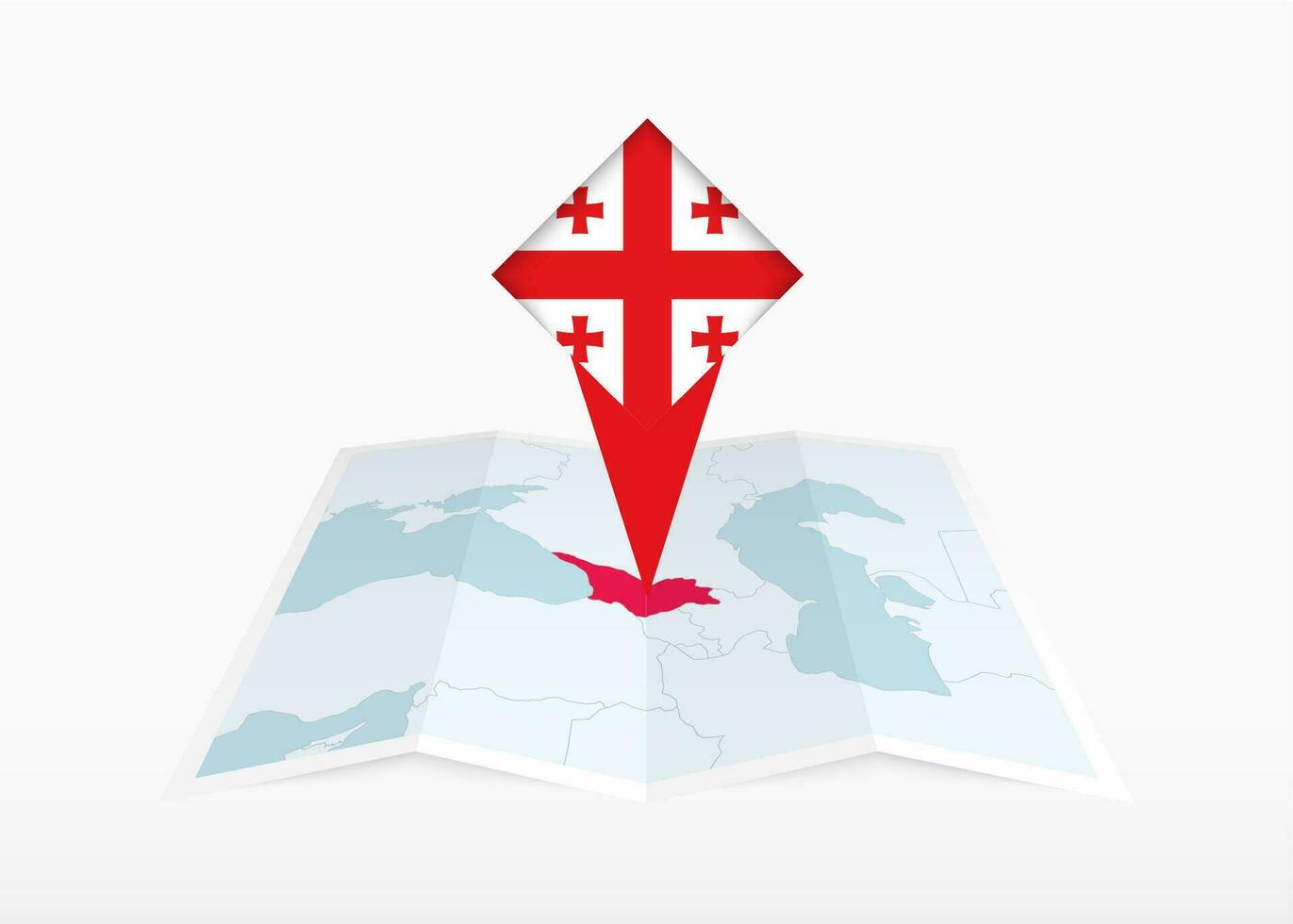 Georgië is afgebeeld Aan een gevouwen papier kaart en vastgemaakt plaats markeerstift met vlag van Georgië. vector
