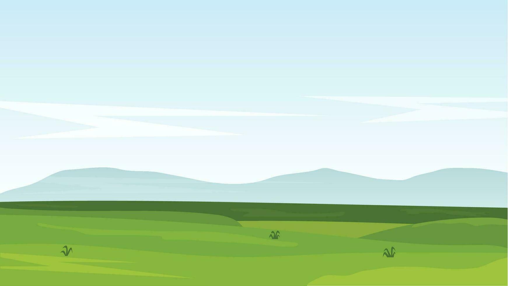 landschap tekenfilm tafereel met groen veld- en wit wolk in zomer blauw lucht achtergrond vector