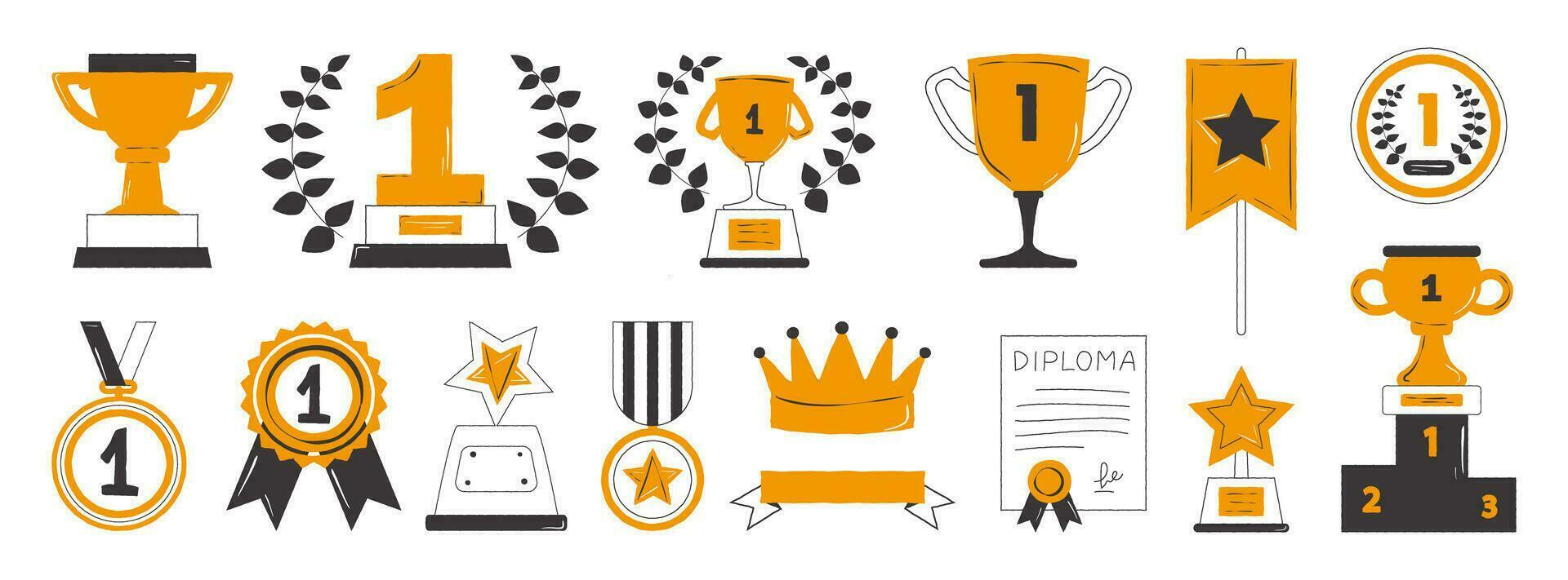onderscheidingen, kopjes, medailles voor eerste plaatsen en een reeks van podium winnaars. zwart en oranje kleur, hand- getrokken prijs decoratief pictogrammen. vector illustratie in tekening stijl.