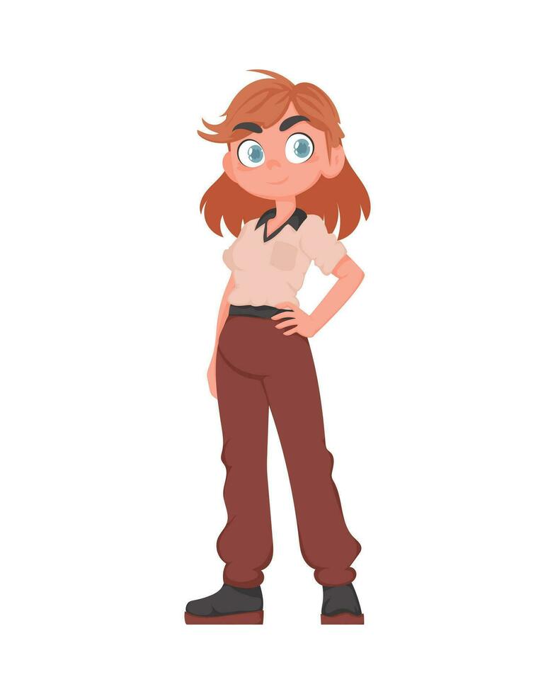 een rood haren tiener- meisje in een beige en bruin school- uniform. de leerling is poseren. tekenfilm vector stijl.