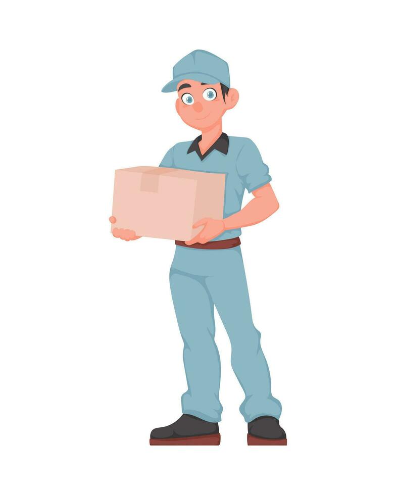 vrolijk levering Mens met pakket in tekenfilm vector stijl. glimlachen mannetje koerier in blauw uniform Holding papier doos. uitdrukken levering concept.