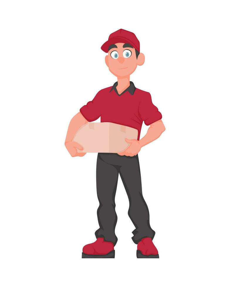 glimlachen postbode met perceel. vriendelijk koerier in rood uniform Holding een papier doos. vector tekenfilm illustratie.