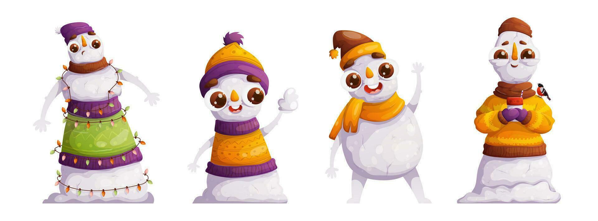 reeks van vier schattig tekenfilm sneeuwmannen. emotioneel karakters, gedetailleerd sneeuwmannen in winter warm hoeden en gebreid truien, tonen verrassing, vreugde, groet en kalm. vector