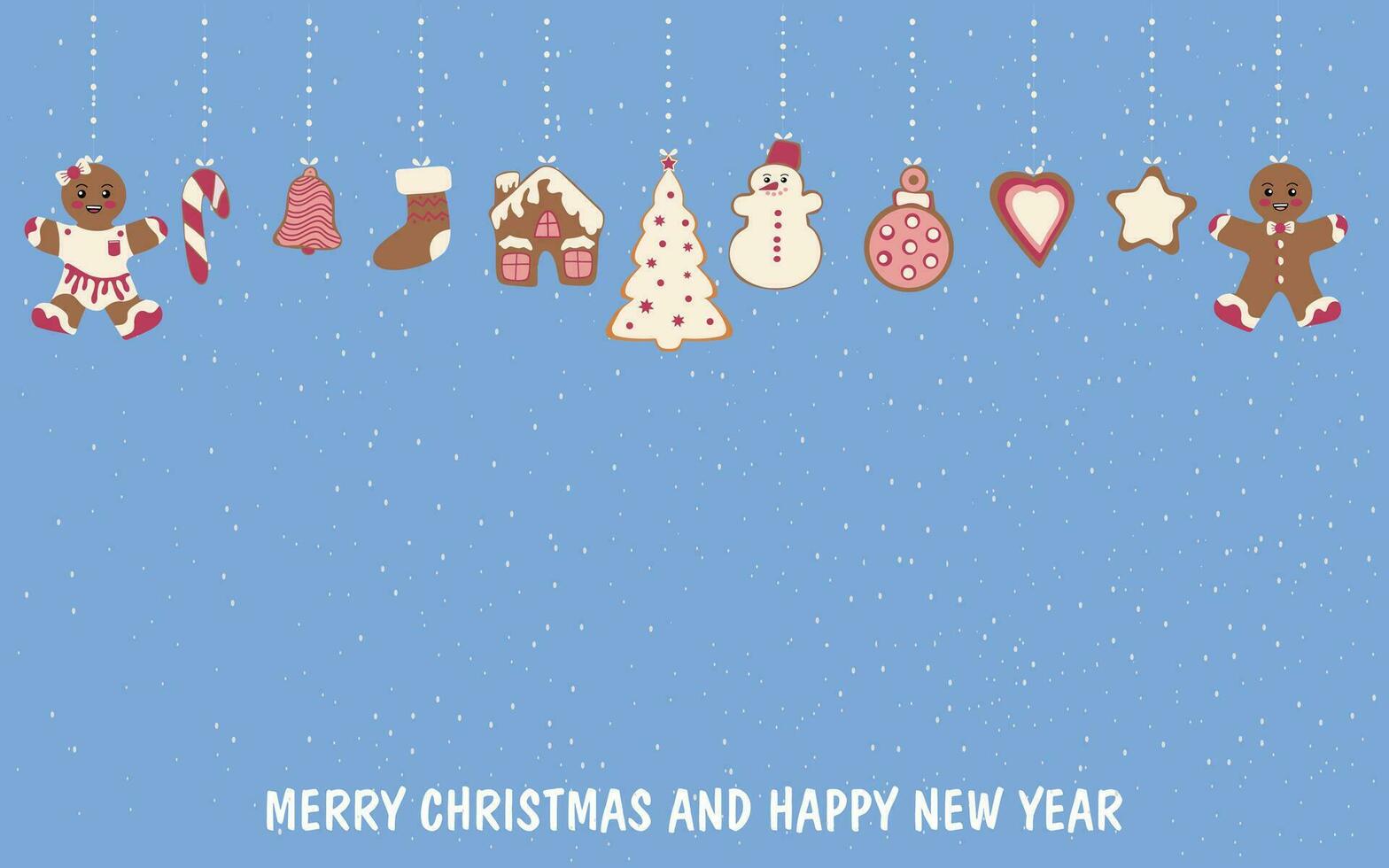 een vrolijk Kerstmis kaart. peperkoek koekjes in de het formulier van een sneeuwman, een Kerstmis boom en peperkoek mannen en divers Kerstmis boom speelgoed. vieren nieuw jaar en Kerstmis vector