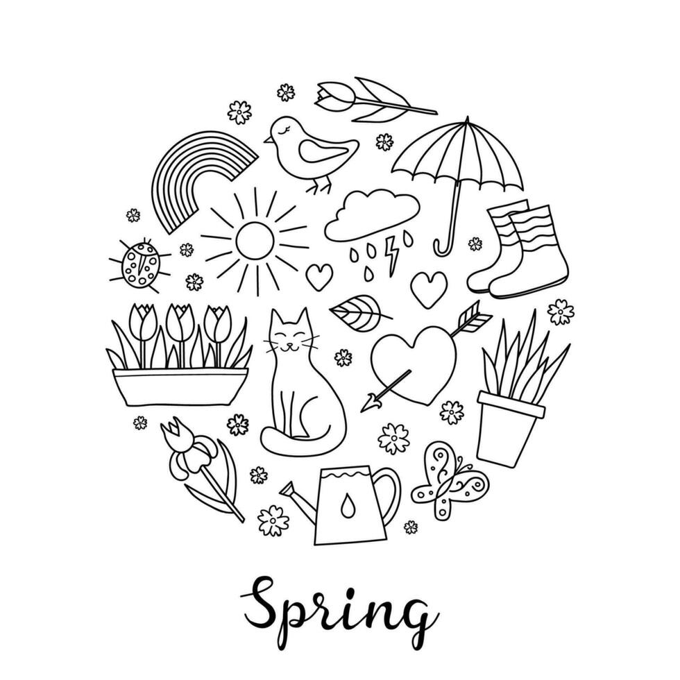 hand- getrokken voorjaar items in cirkel. vector