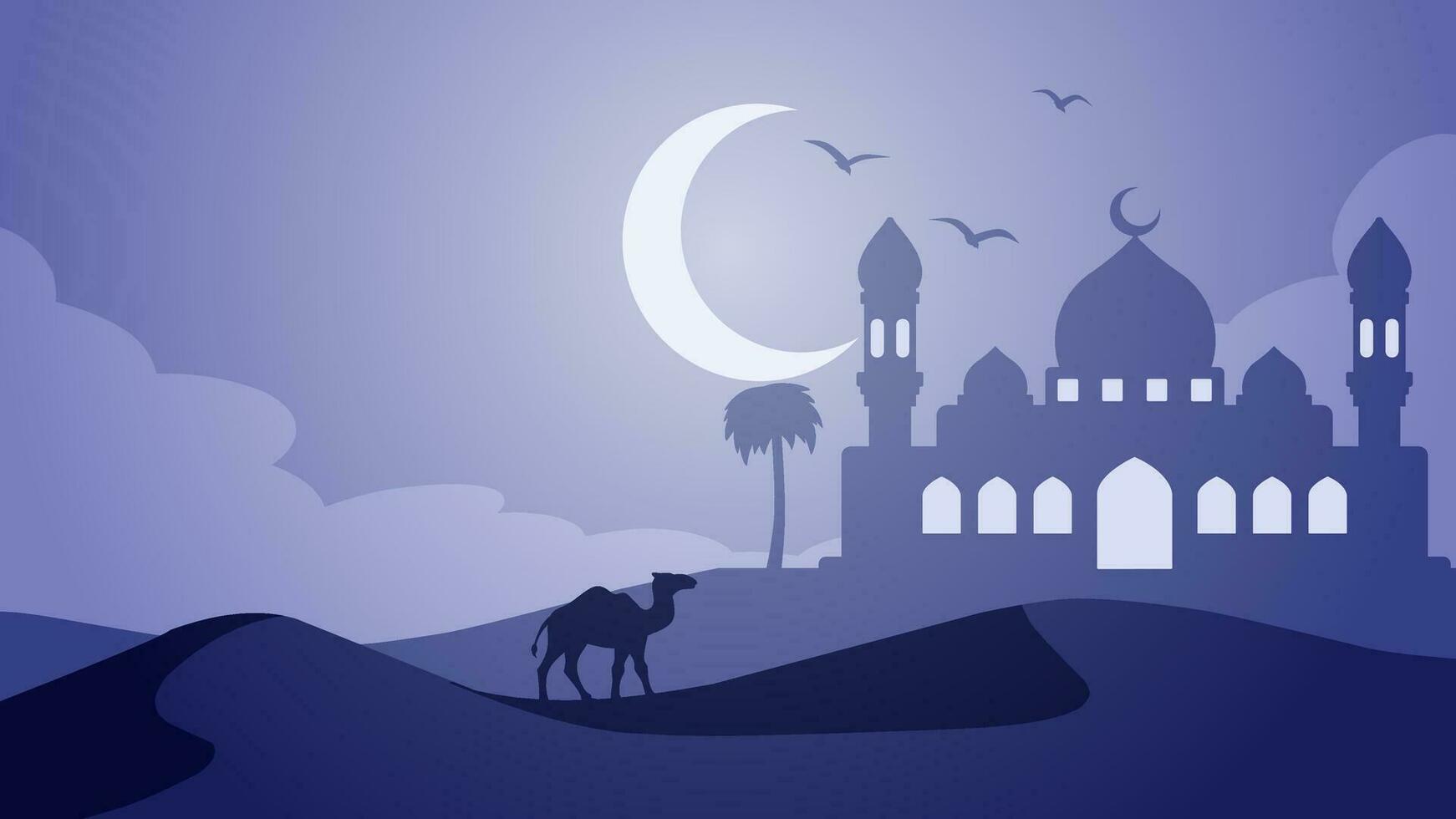 Ramadan landschap silhouet vector illustratie. Ramadan landschap ontwerp grafisch in moslim cultuur en Islam geloof. Islamitisch moskee landschap illustratie, achtergrond of behang