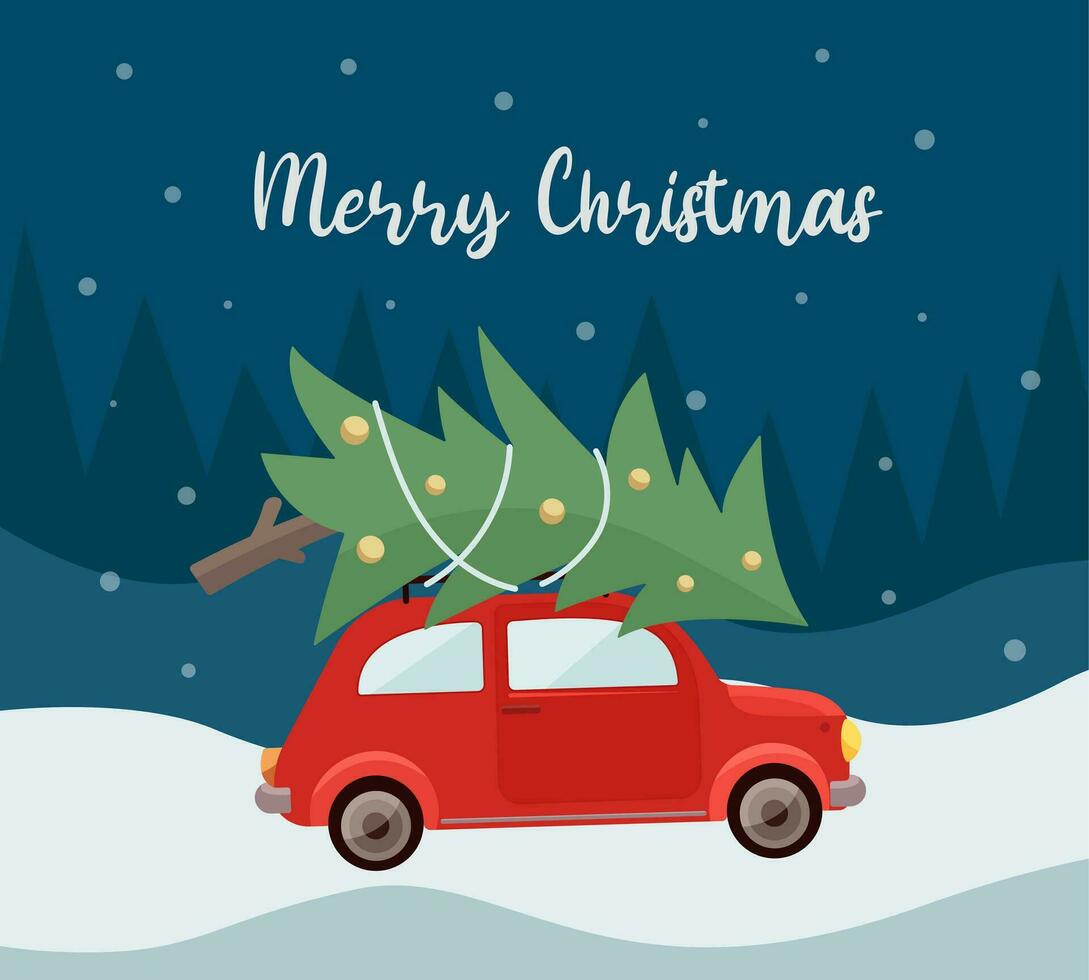 vector Kerstmis en nieuw jaar kaart. retro auto met een Kerstmis boom Aan de dak. sjabloon voor groet kaart, poster, banier, uitnodiging ontwerp. vector illustratie.