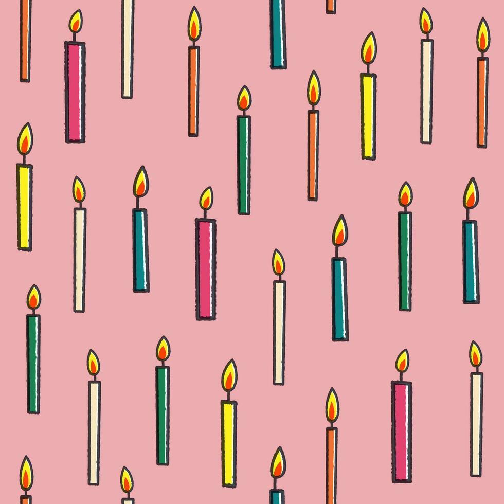 verjaardag naadloos patroon met kleurrijk tekenfilm kaarsen illustratie Aan roze achtergrond. sticker stijl groet kaart in retro stijl. schattig ansichtkaart voor kind of ontwerp voor uw merk. vector