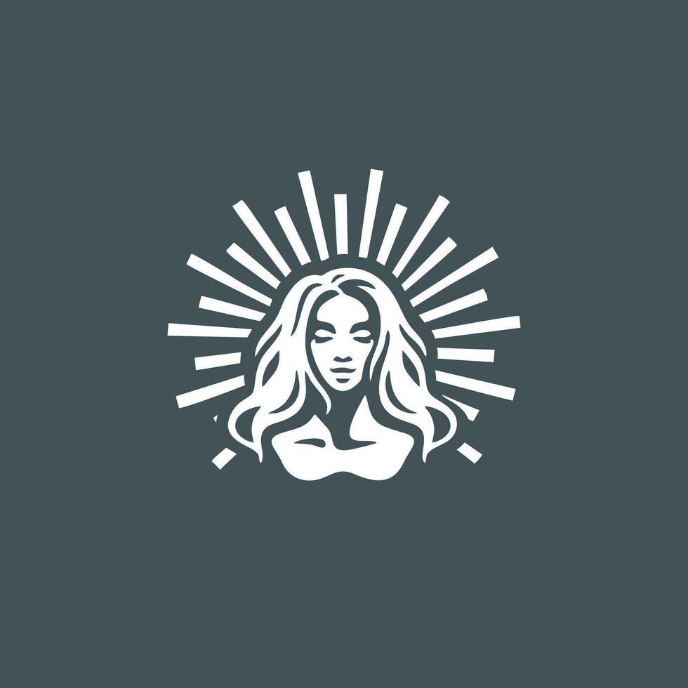 logo silhouet van een vrouw met lang haar- Aan een zon achtergrond vector
