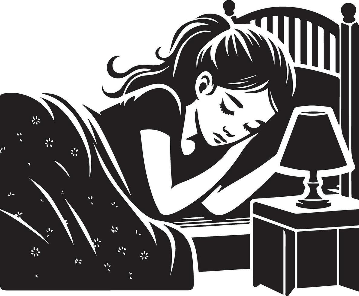 een meisje slapen Aan de bed vector silhouet 3