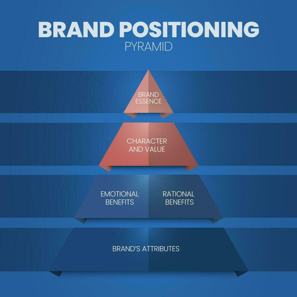 merk positionering concept vector infographic baseren Aan strategie piramide model- heeft merk essence, karakter en waarde, emotioneel een uitkering, rationeel voordelen en merk attribuut. driehoek model- bedrijf