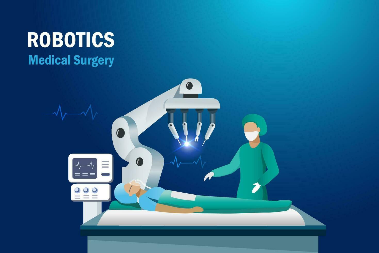 robot medisch chirurgie. dokter gebruik robot arm in werking geduldig in chirurgisch kamer in ziekenhuis. ai intelligentie- innovatie technologie helpen dokter in medisch en Gezondheid zorg bedrijf. vector. vector