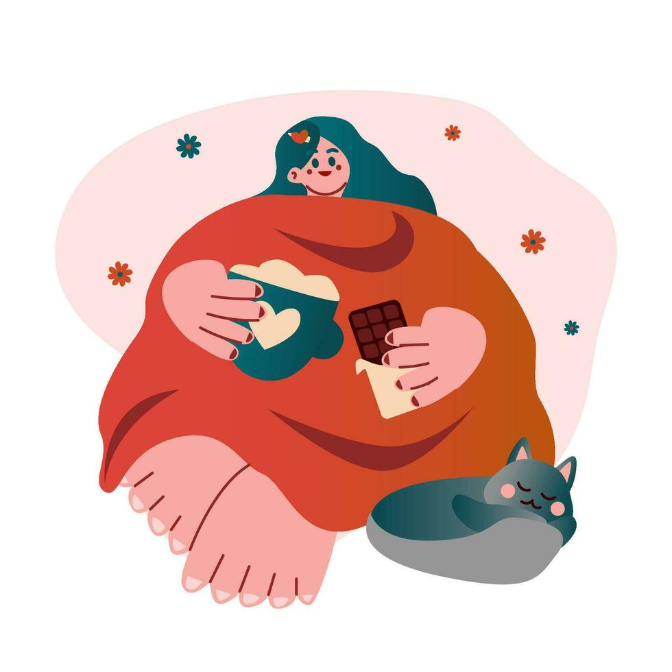schattig vrouw met koffie en chocola in een warm deken. de concept van een knus humeur. vector. vector