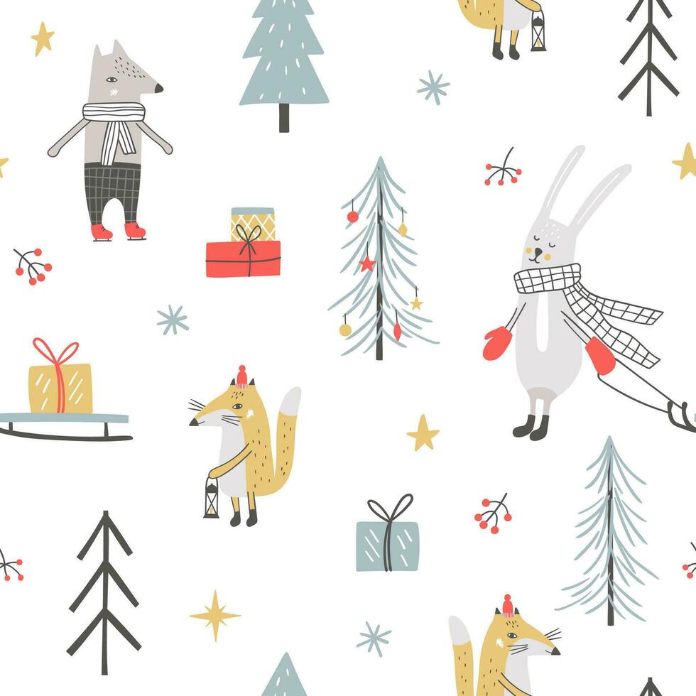 Kerstmis naadloos patroon met hand- getrokken stijl dieren en decoratief elementen. schattig winter tekens vector