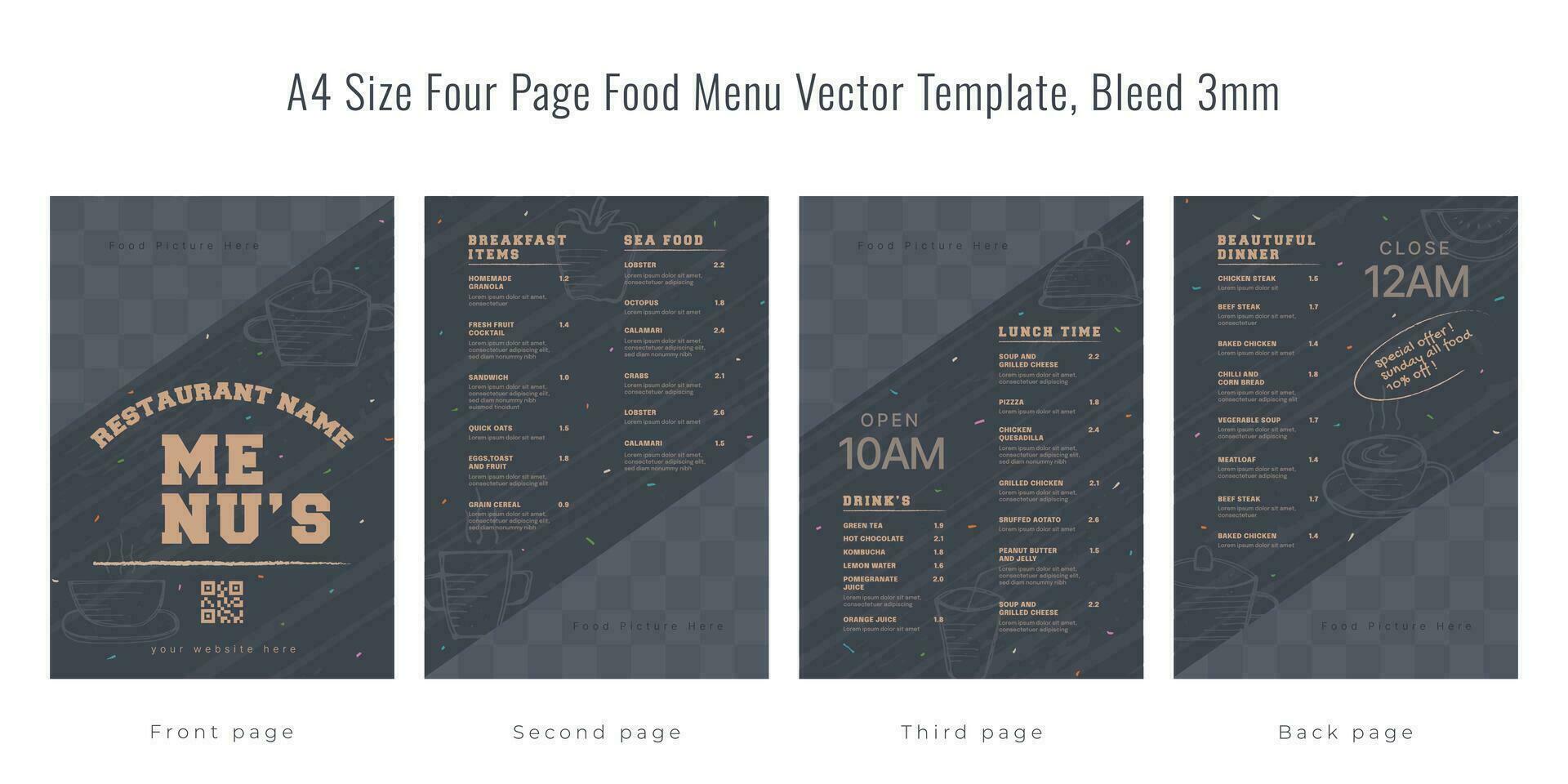 restaurant cafe menu, sjabloon ontwerp, a4 grootte vier bladzijde voedsel menu sjabloon, bloeden 3mm vector