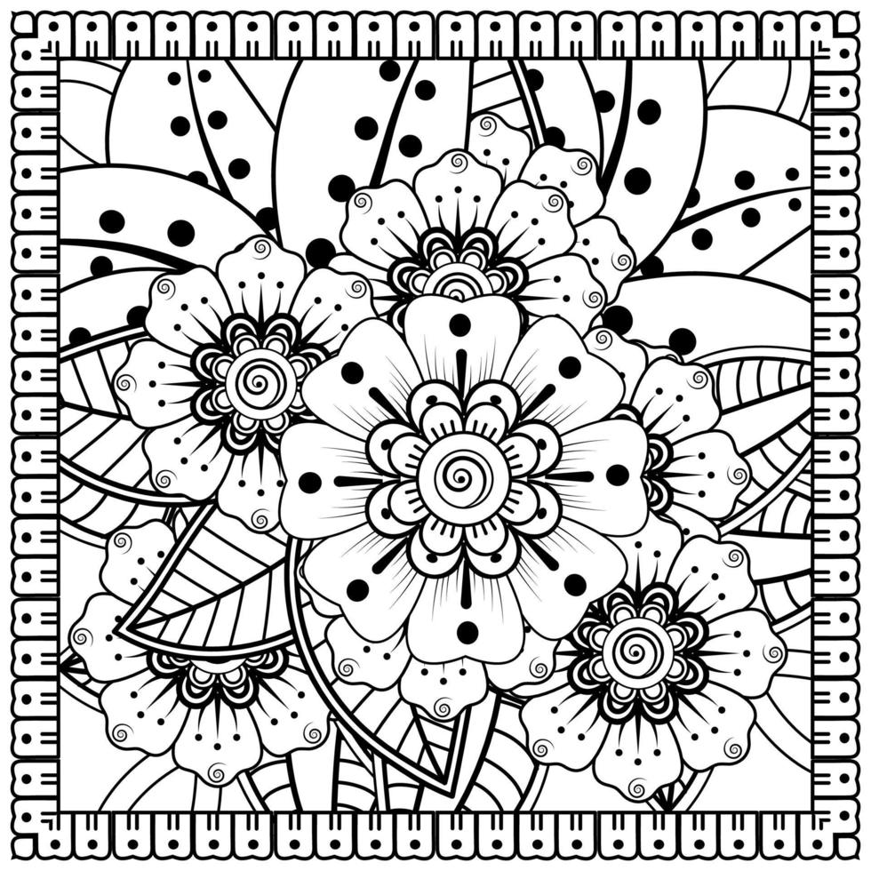 schets vierkant bloemenpatroon in mehndi-stijl voor het kleuren van de boekpagina vector