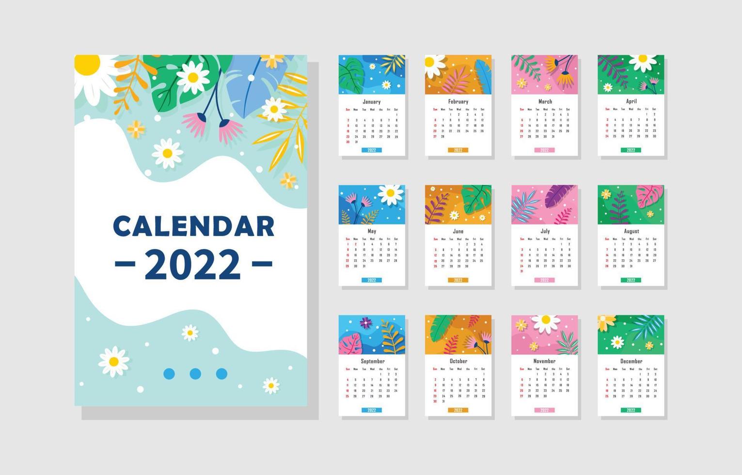 bloemen thema 2022 kalendersjabloon vector