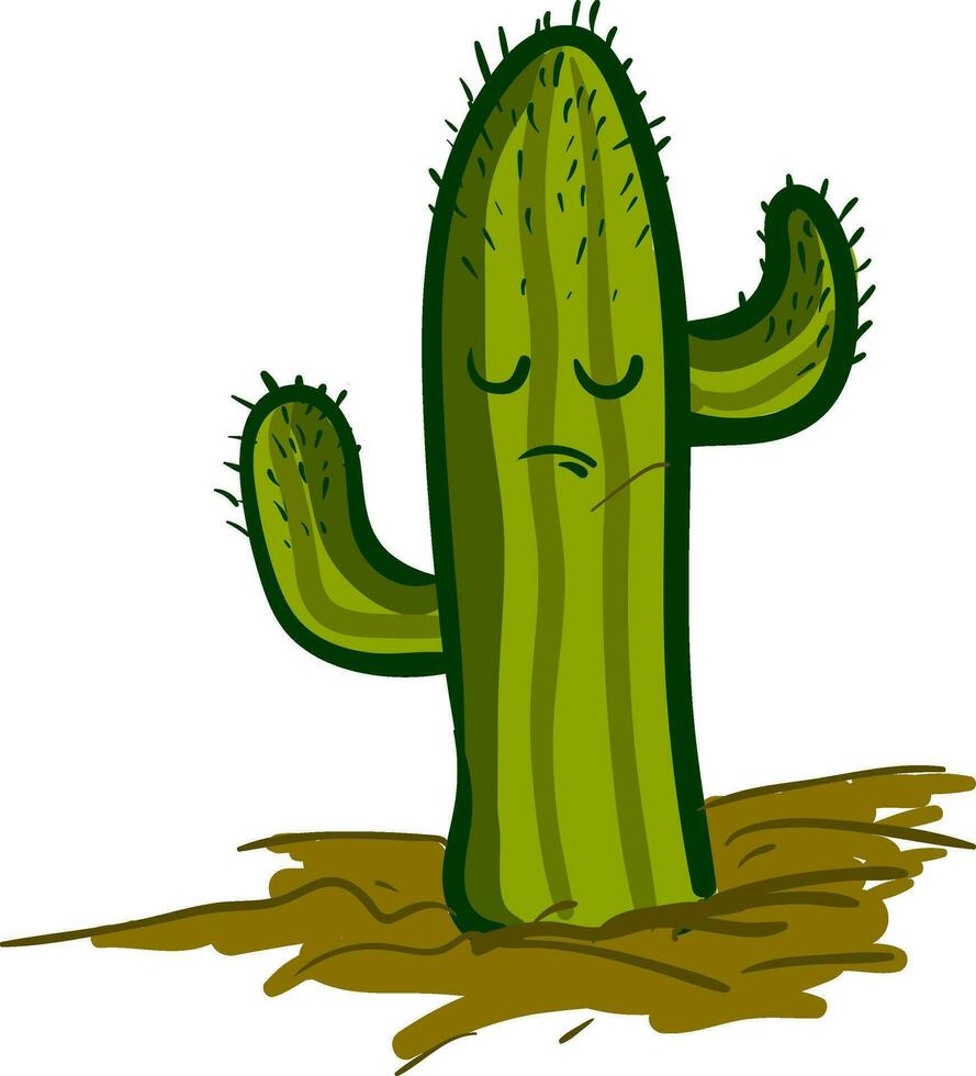 een saguaro cactus fabriek emoji uitdrukken droefheid staand allemaal alleen in een woestijn vector kleur tekening of illustratie