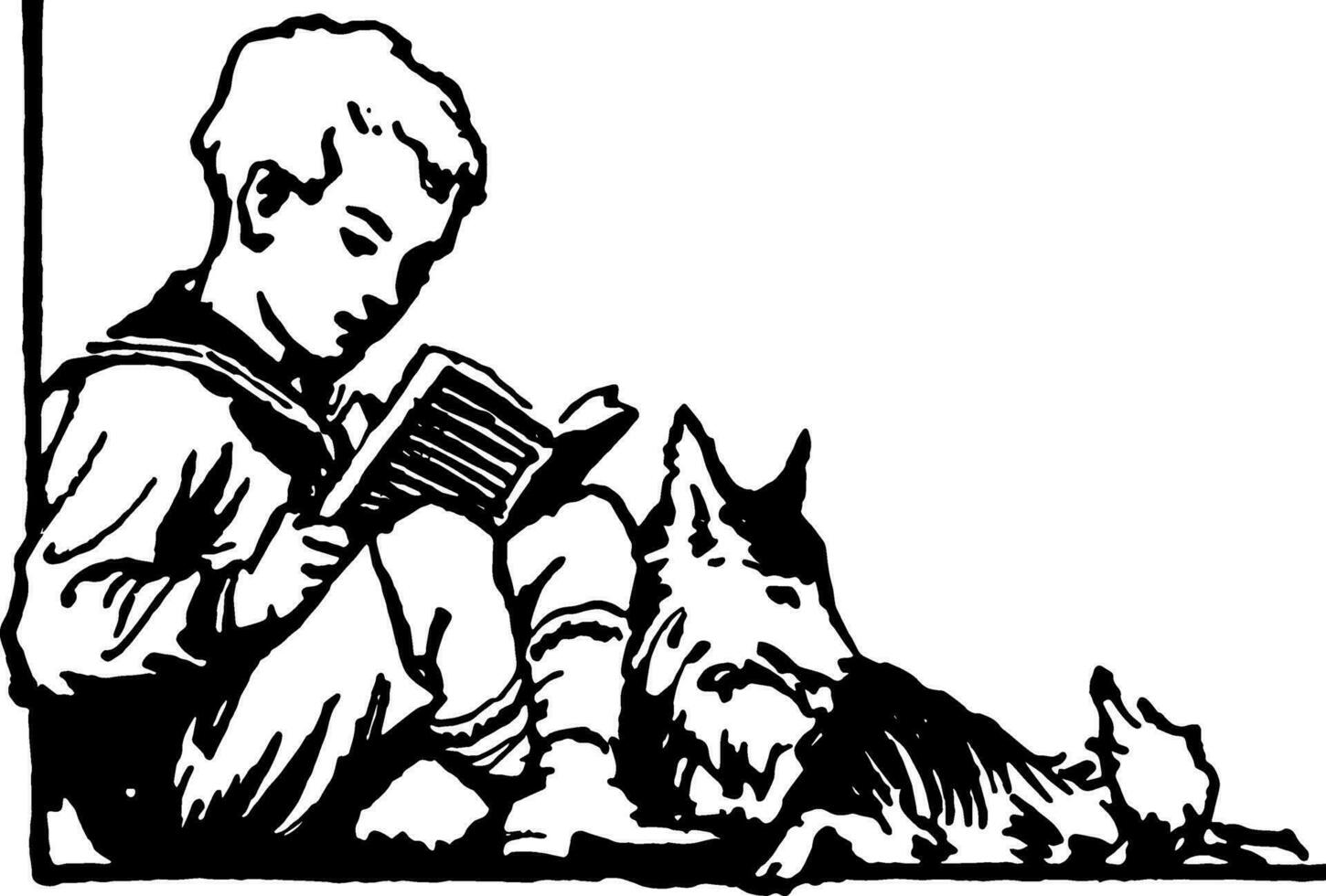jong jongen zittend met hond lezing, gras, wijnoogst gravure. vector