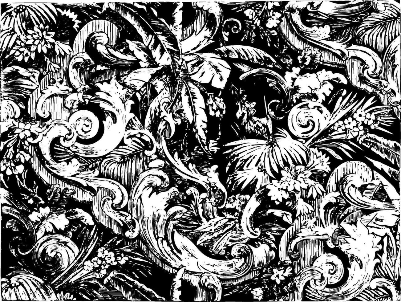 tapijt is ontworpen met scrollt en bladeren van de palm boom in een fluweel materiaal, wijnoogst gravure. vector