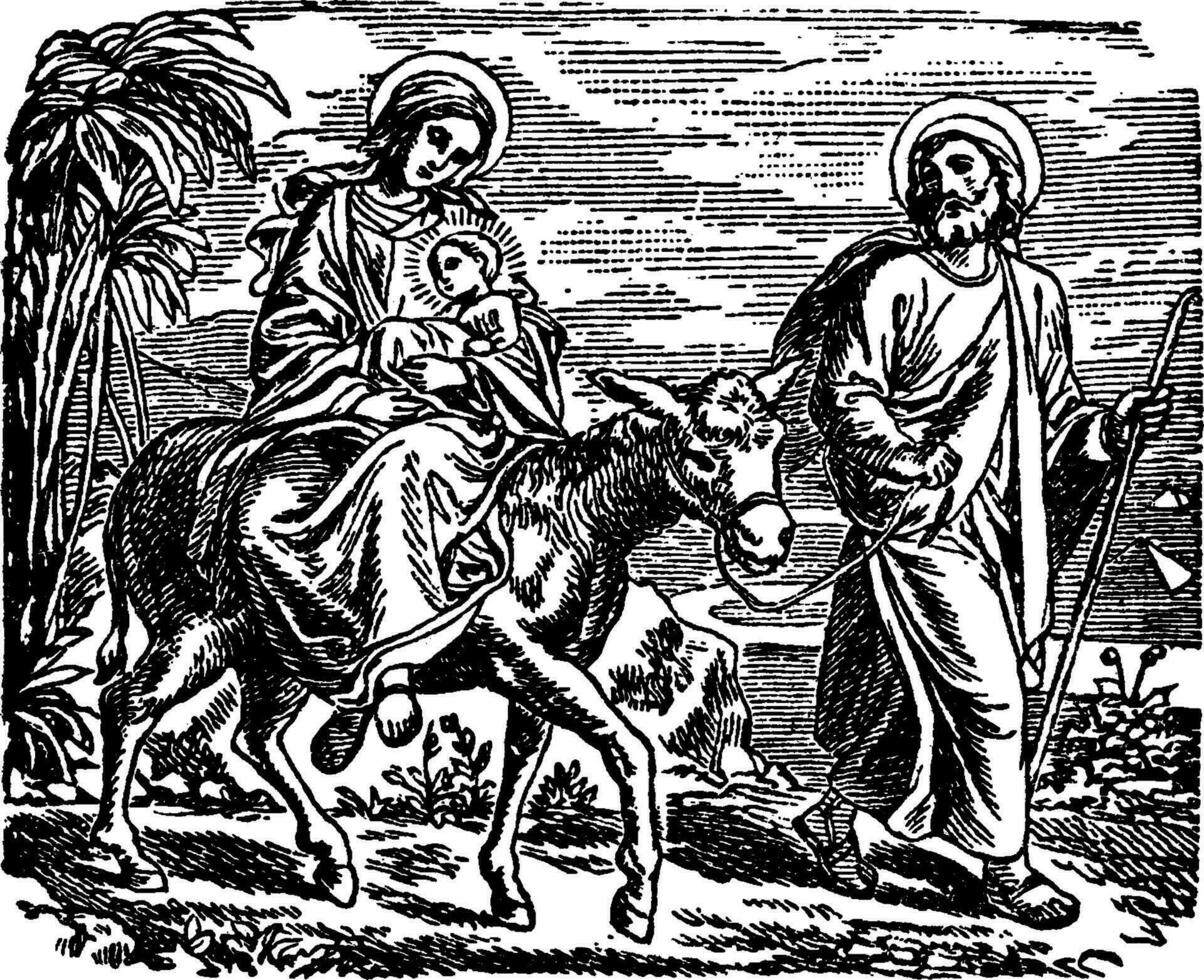 de vlucht in Egypte - Maria, jozef, en Jezus vluchten van koning herodes wijnoogst illustratie. vector