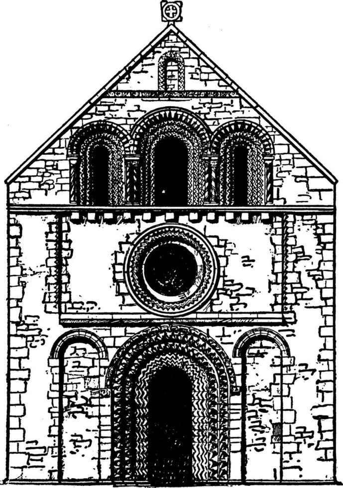 voorkant van iffley kerk, heel weinig voorbeelden blijven van belangrijk norman gevels, wijnoogst gravure. vector