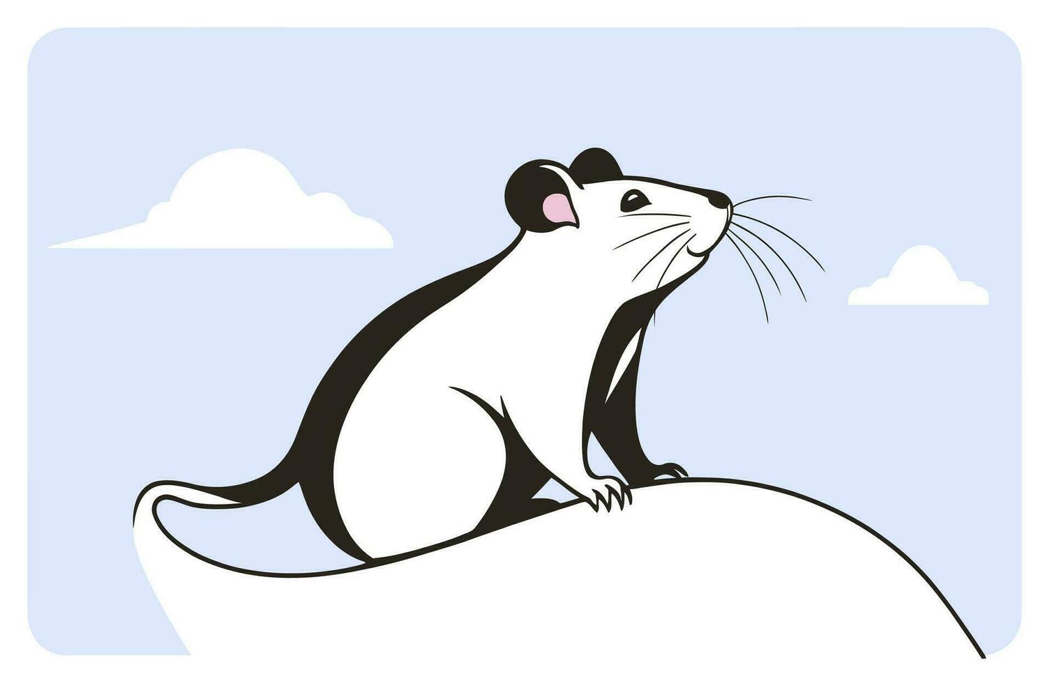 een wit en zwart Rat Aan een achtergrond van een licht blauw lucht, vector illustratie.