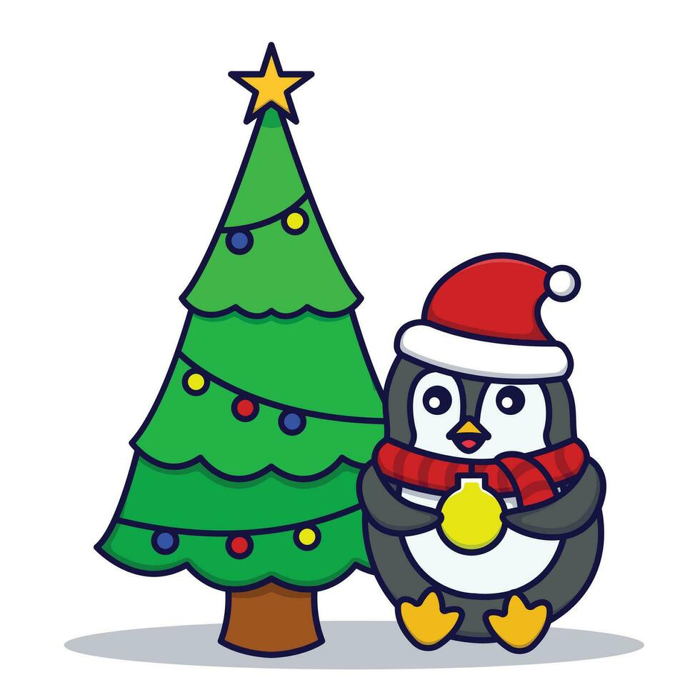 schattig pinguïn en Kerstmis boom vector tekenfilm illustratie geïsoleerd Aan wit achtergrond