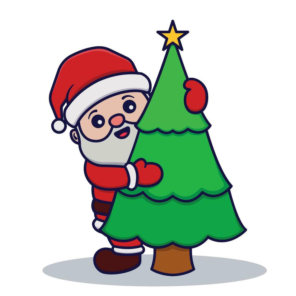 schattig de kerstman claus knuffelen de Kerstmis boom tekenfilm vector illustratie geïsoleerd Aan wit achtergrond