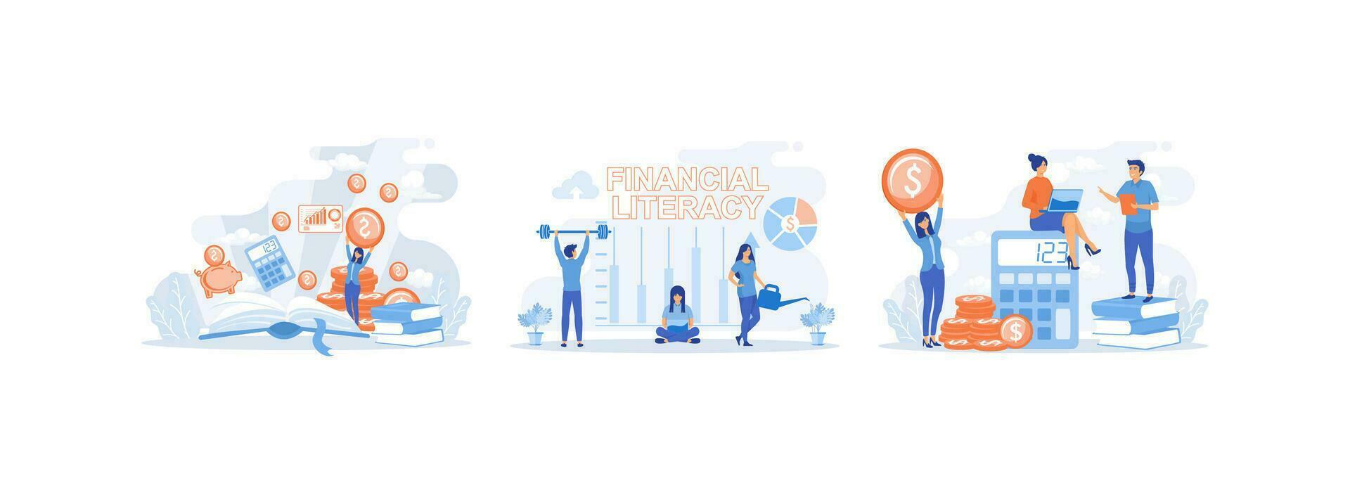 financieel geletterdheid, modern financieel opleiding, mensen studie financieel geletterdheid en boekhouding. financieel geletterdheid reeks vlak vector modern illustratie