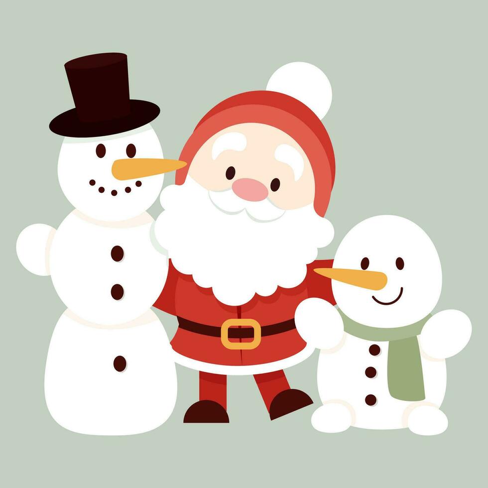 schattig vlak karakter de kerstman claus knuffelen twee sneeuwmannen vector