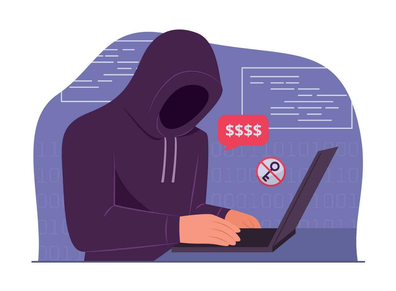 hacker Mens in kap hacken laptop computer voor cyber misdrijf concept illustratie vector