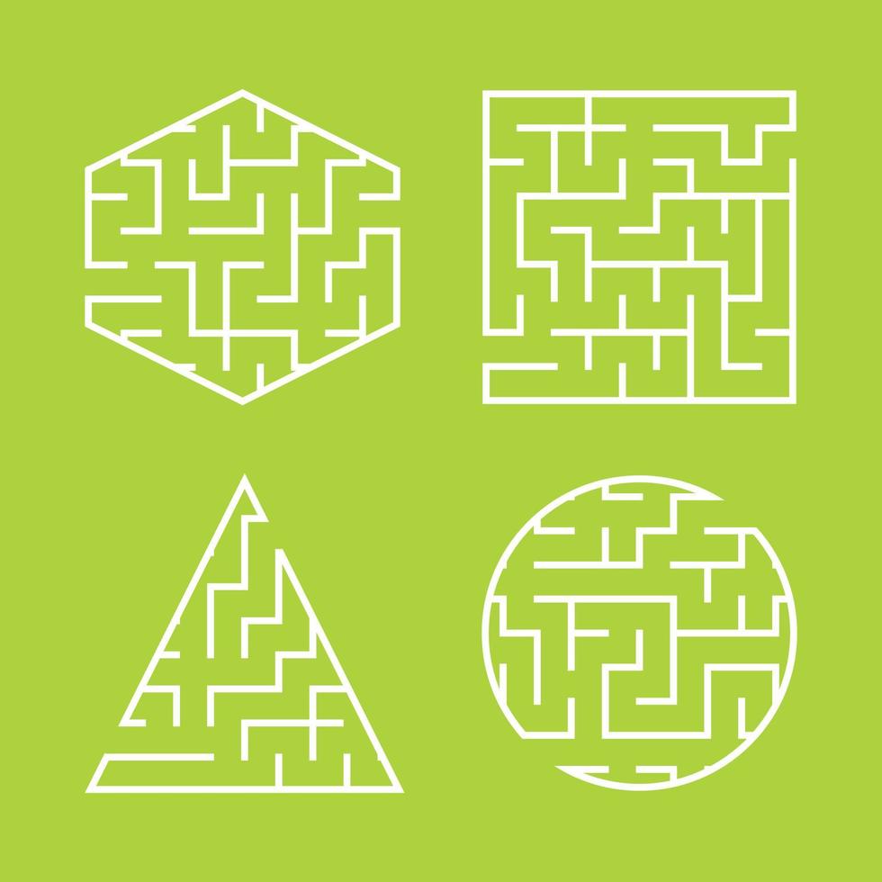 een set labyrinten voor kinderen. een vierkant, een cirkel, een zeshoek, een driehoek. een eenvoudige platte vectorillustratie geïsoleerd op een groene achtergrond. vector