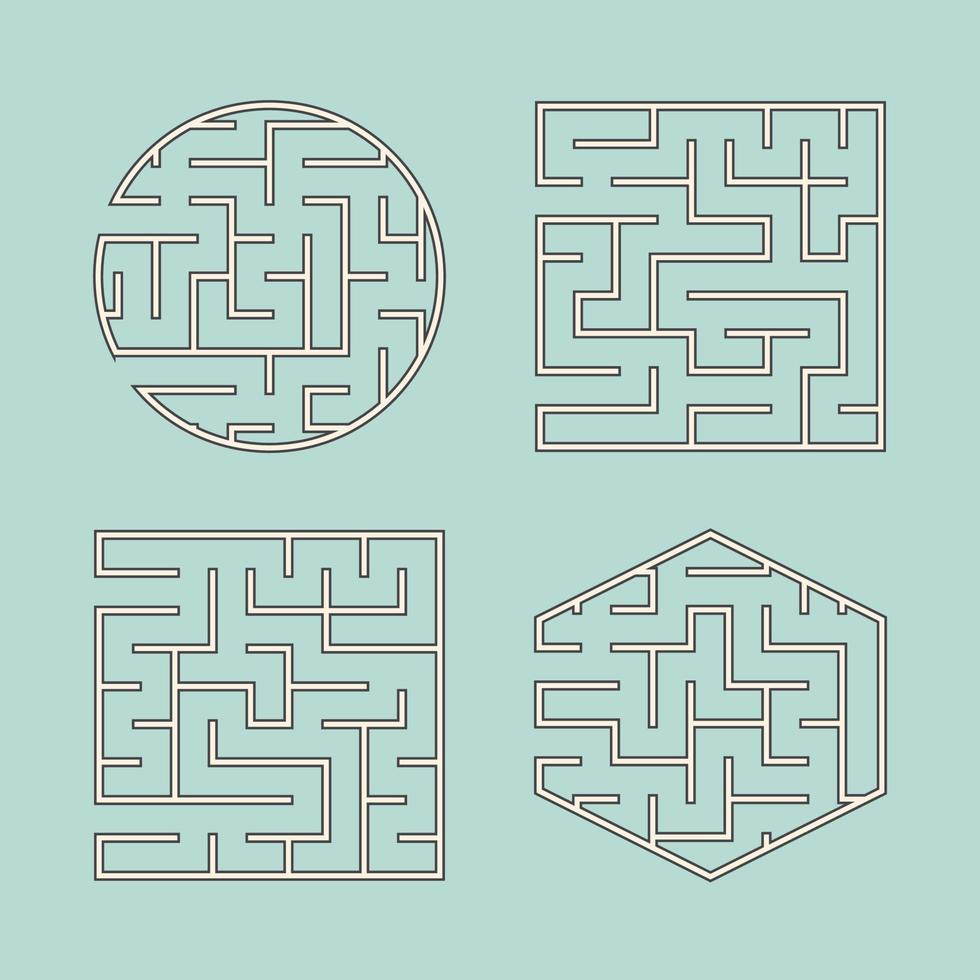 een set labyrinten voor kinderen. een vierkant, een cirkel, een zeshoek. een eenvoudige platte vectorillustratie geïsoleerd op een groene achtergrond. vector