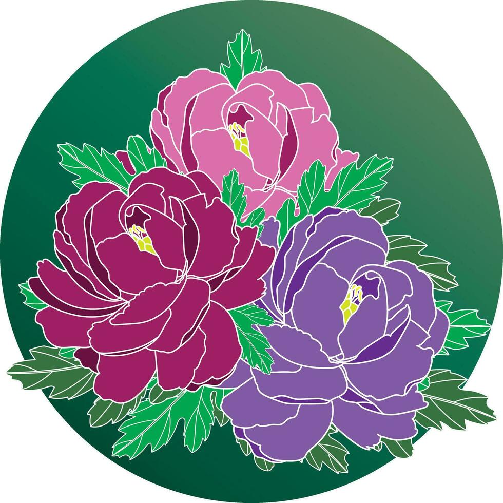 illustratie van de pioen bloem met bladeren Aan groen cirkel achtergrond. vector
