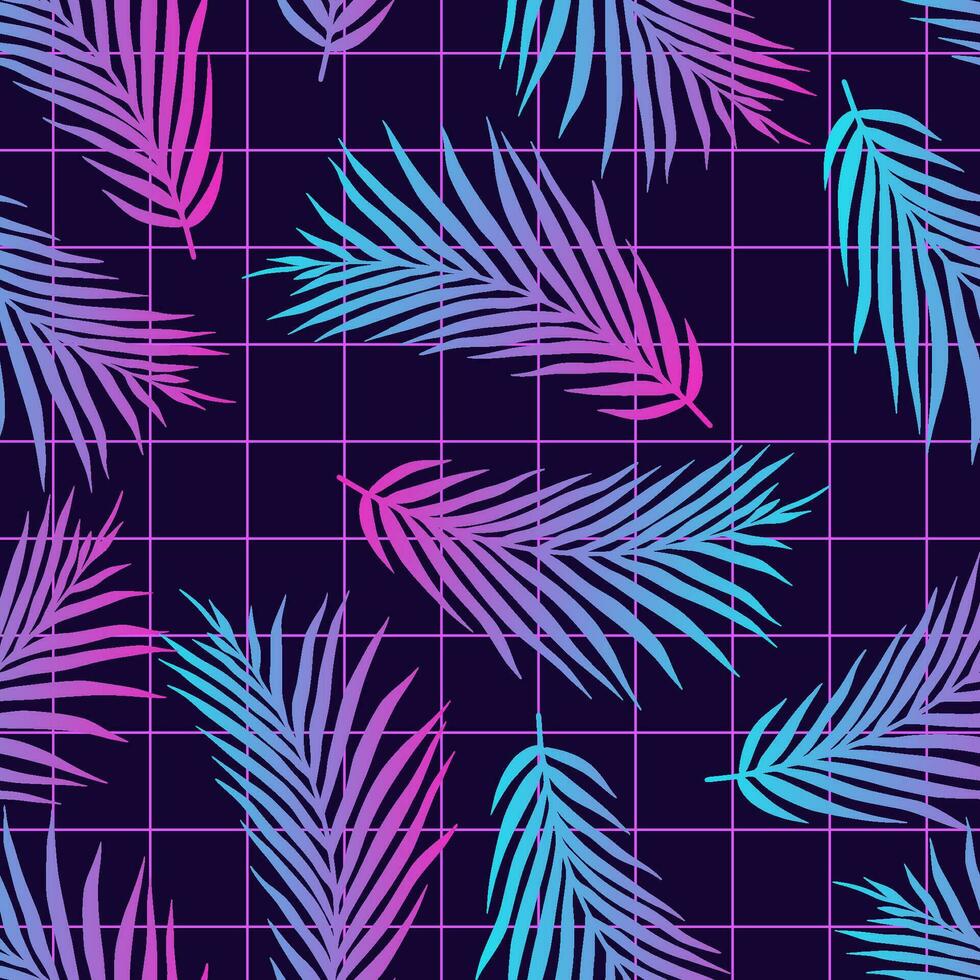 90's 80's naadloos patroon met palm bladeren Aan rooster. behang retro grafisch in synthwave stijl. verloop, levendig elementen voor scifi grafisch. wijnoogst ontwerp voor nacht club en bar. Miami gevoel. vector