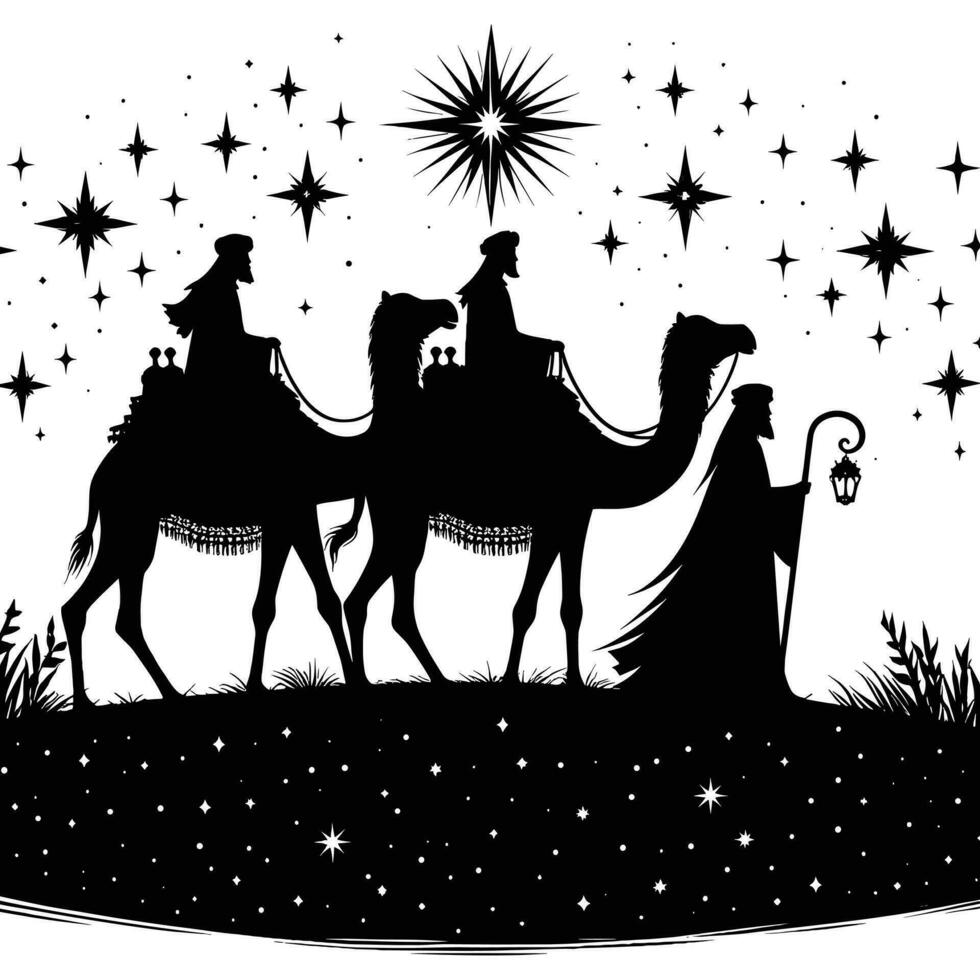 gelukkig Openbaring dag ontwerp. silhouet van drie wijs mannen Aan kameel, helder ster, geboorte van Jezus vector