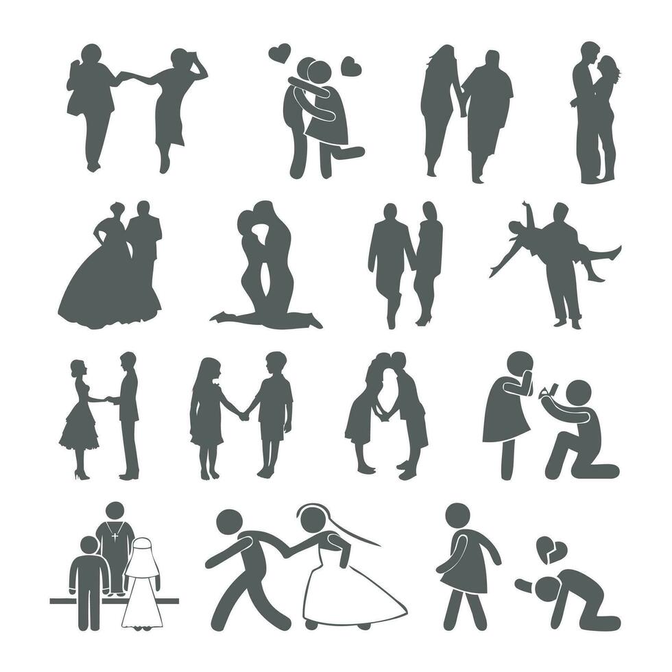 printvector illustratie van geïsoleerd silhouetten van liefhebbers. grijs helling silhouetten van Dames en mannen Aan een wit achtergrond. vector