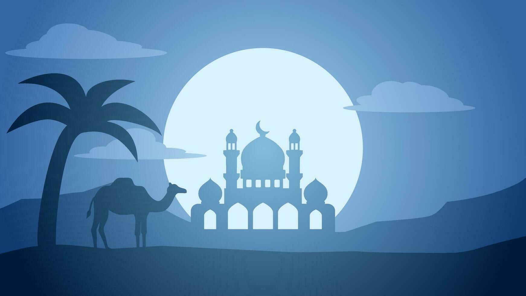 moskee landschap silhouet vector illustratie. Ramadan landschap ontwerp grafisch in moslim cultuur en Islam geloof. moskee landschap illustratie, achtergrond of behang