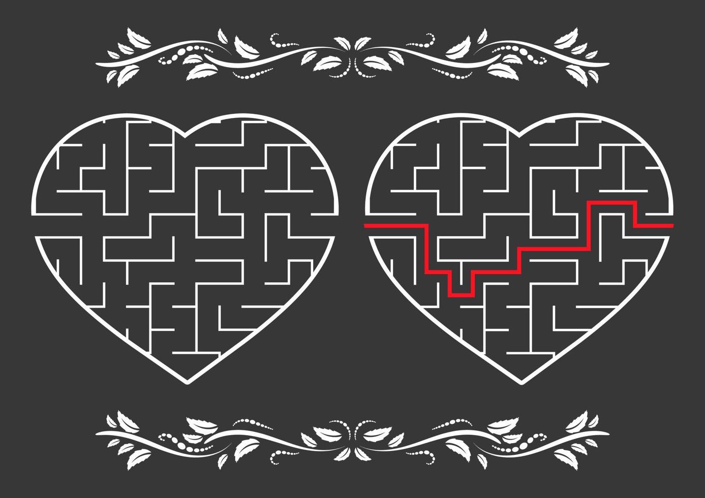 labyrint in de vorm van een hart. spel voor kinderen. puzzel voor kinderen. labyrint raadsel. platte vectorillustratie geïsoleerd op een achtergrond in kleur. met antwoord. vintage-stijl vector