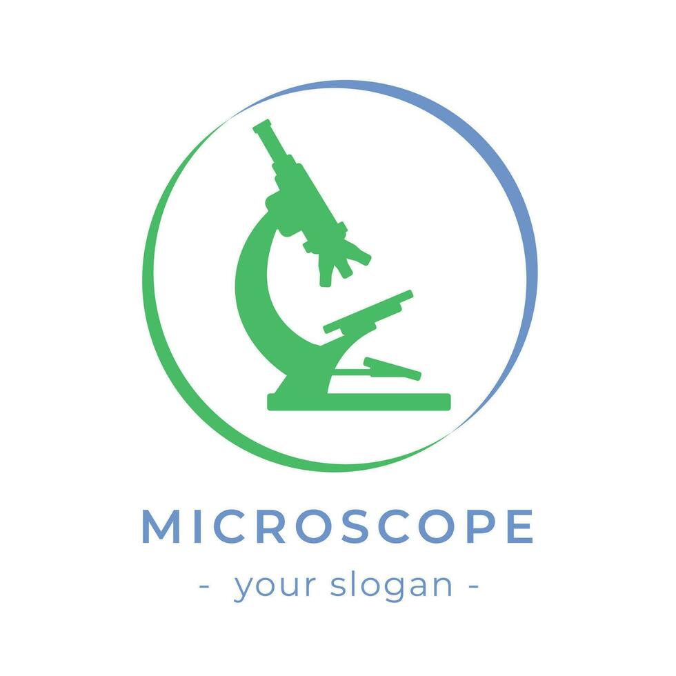 microscoop laboratorium wetenschap logo, blauw en groen kleur met cirkel, overwegen incorporeren een gestileerd, schoon en minimalistische ontwerp vector