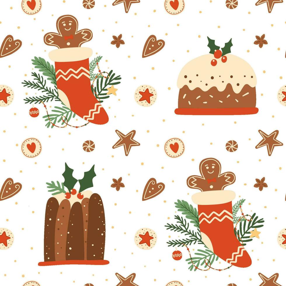 Kerstmis toetje naadloos patroon. pudding, peperkoek koekjes herhaling achtergrond in vector. smakelijk winter vakantie afdrukken, bakken illustratie, behang, textiel ontwerp. nieuw jaar voedsel illustratie. vector