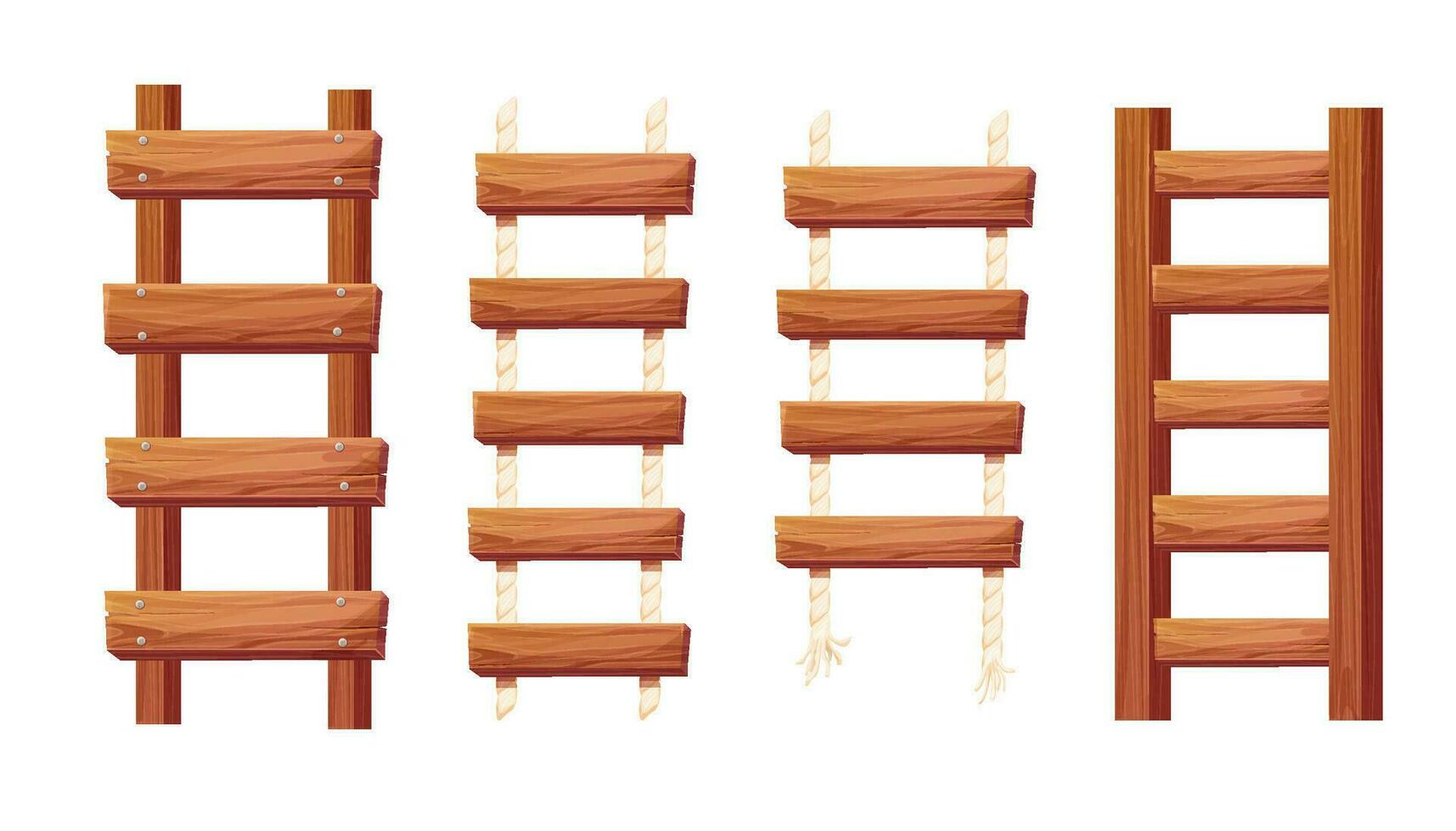 reeks houten ladder met touw, planken hangen, trappenhuis in tekenfilm stijl geïsoleerd Aan wit achtergrond, brug, spel weg. vector illustratie