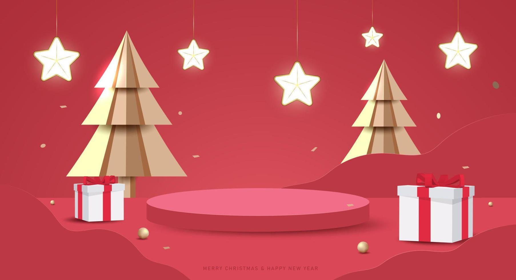 prettige kerstdagen en gelukkig nieuwjaar banner. minimale mock-upscène met studiopodium om productweergave te tonen. 3D-vectorboom kerstmis, geschenkdozen en feestelementen vector