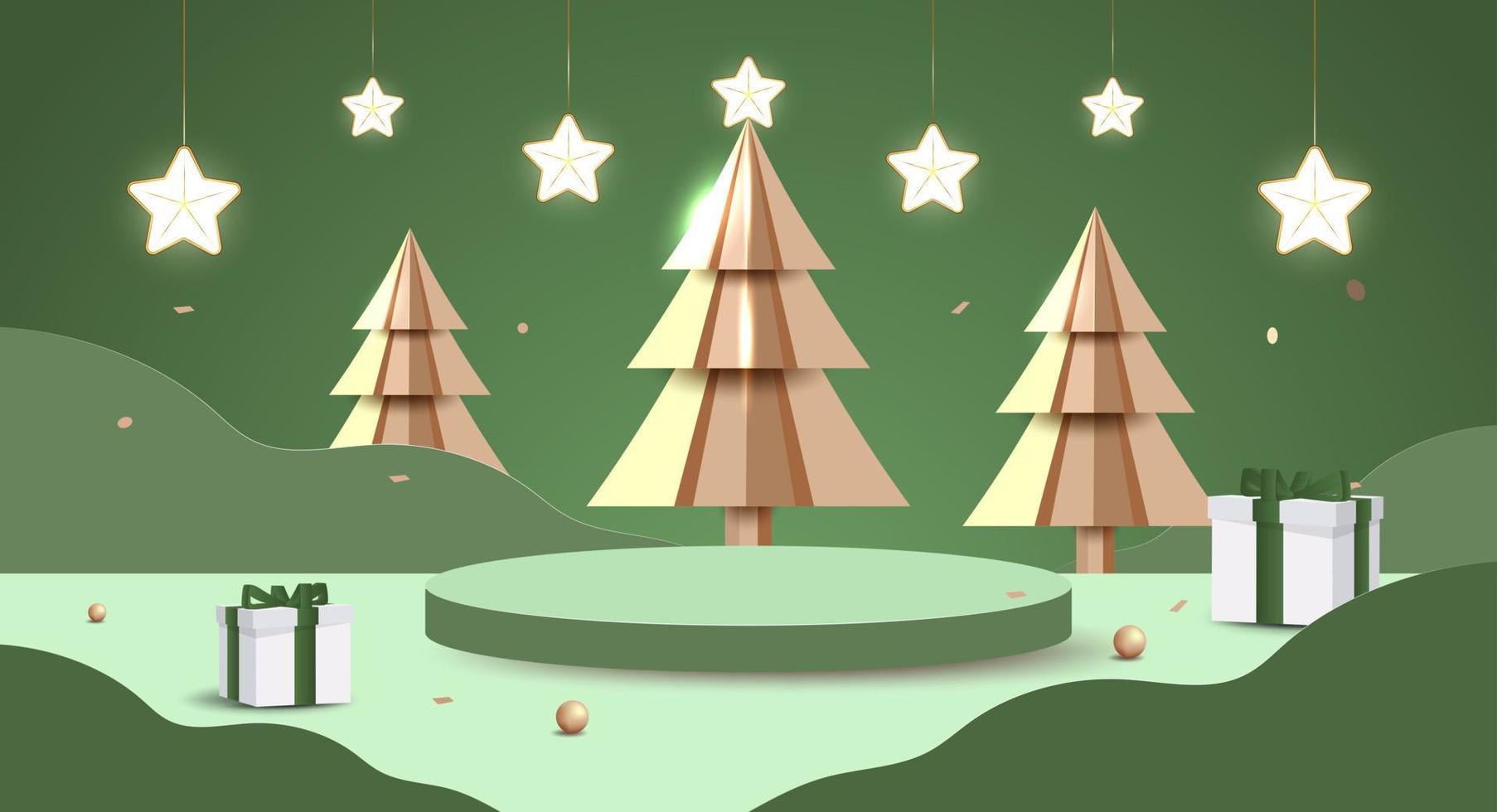 prettige kerstdagen en gelukkig nieuwjaar banner. minimale mock-upscène met studiopodium om productweergave te tonen. 3D-vectorboom kerstmis, geschenkdozen en feestelementen vector