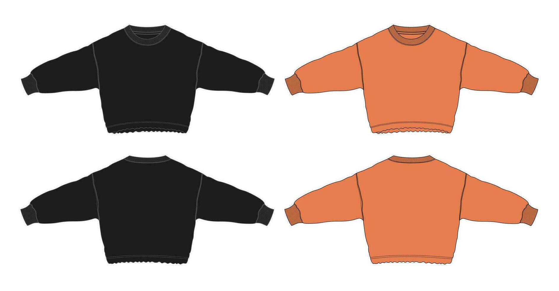 Dames blouse tops technisch tekening mode vlak schetsen vector illustratie zwart en oranje kleur sjabloon voorkant en terug keer bekeken