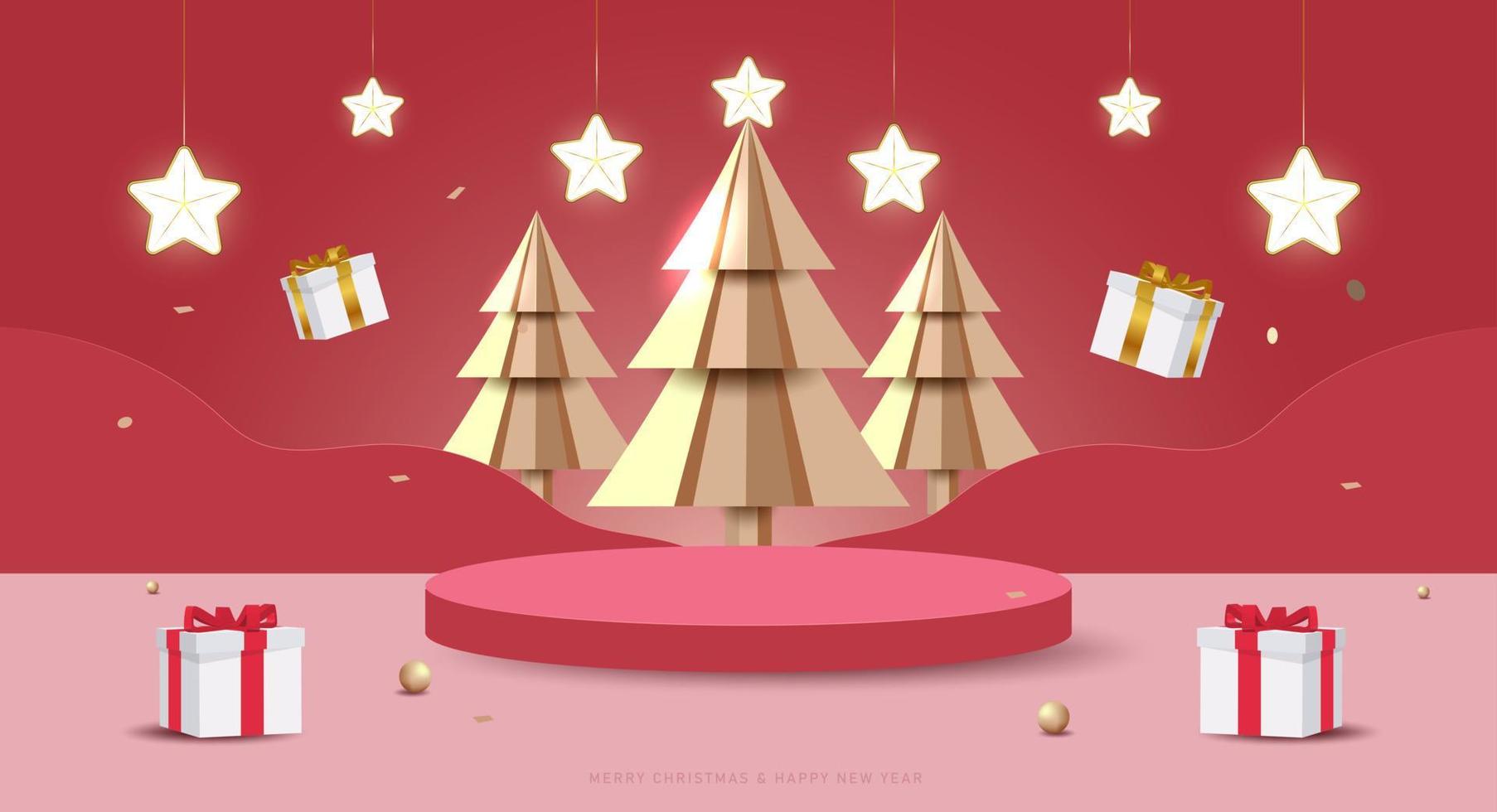 prettige kerstdagen en gelukkig nieuwjaar banner. minimale mock-upscène met studiopodium om productweergave te tonen. 3D-vectorboom kerstmis, geschenkdozen en feestelementen vector